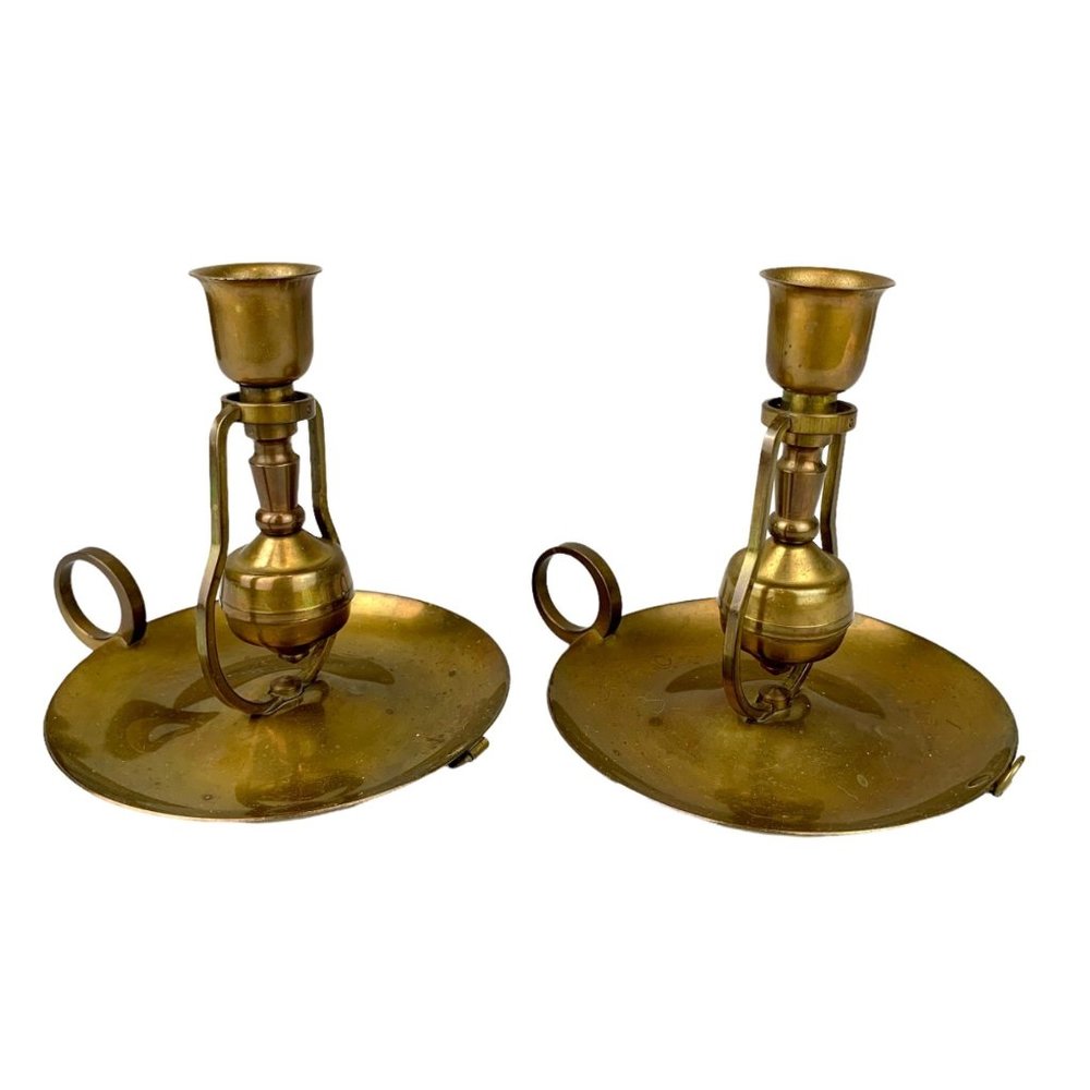 Vtg Pair Brass Nautical Ship Gimbal Candlestick Holder Chamber Stick Wall Mount